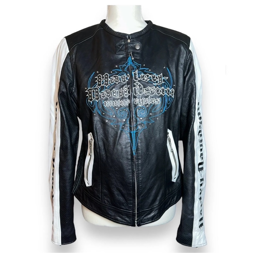 Vintage Harley Davidson Women KALEIDOSCOPE Leather Jacket M Medium Black White
